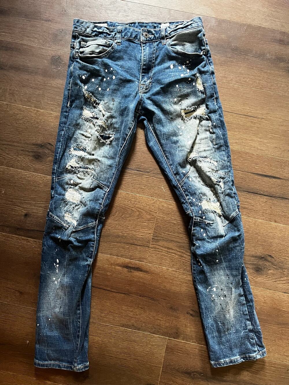 Smoke Rise Denim Co 32x32 Distressed Paint Splatter Moto Jeans Y2K Streetwear